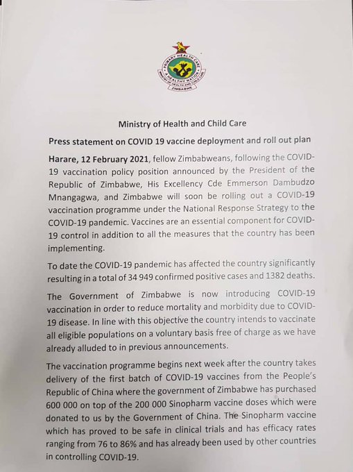 ministry of health Zimbabwe COVID roll out