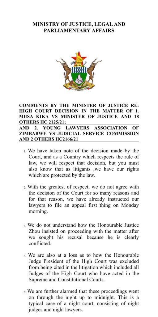Ministry of justice legal and parliamentary comments by Minister of Justice