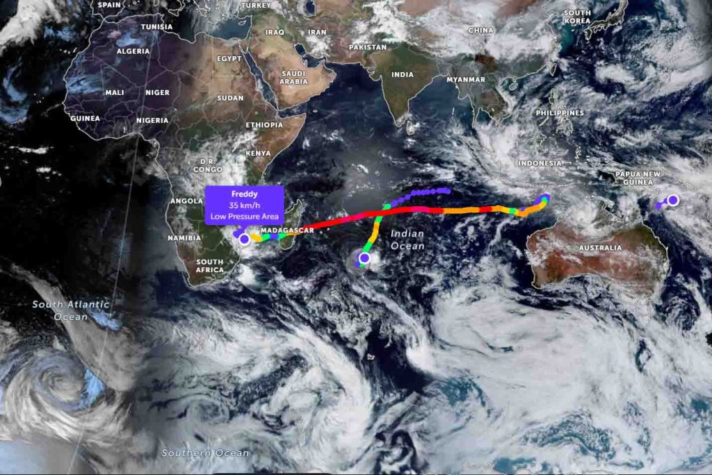 Cyclone Freddy track path on Indian Ocean
