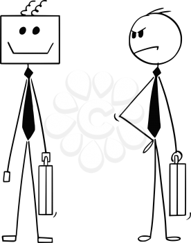 Cartoon stick man drawing conceptual illustration of businessman looking unhappy at his robotic